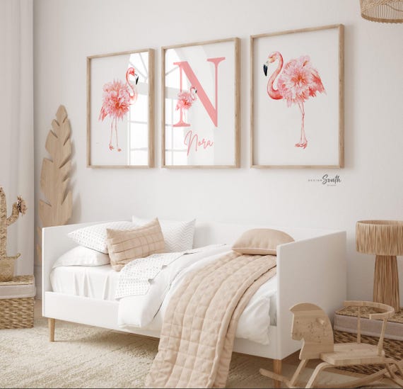 Tropical nursery baby gift, pink flamingos nursery wall, flamingo little girl bedroom, baby girl nursery ideas, themed nursery tropical girl