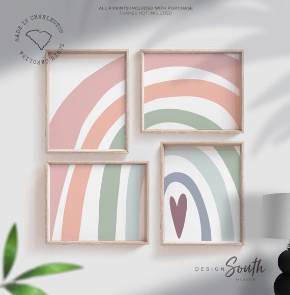 Mauve muted rainbow nursery art, soft colors nursery ideas, rainbow hearts wall decor for kids, little girl bedroom print set, rainbow print