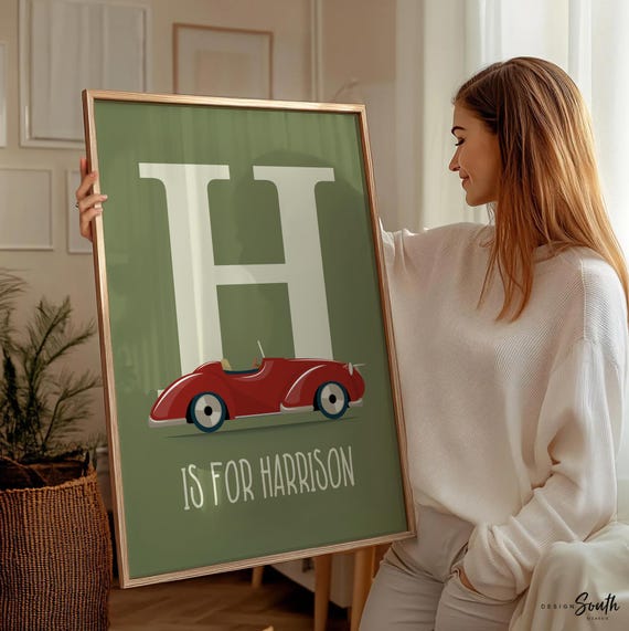 Personalized Red Retro Car Print: Transportation Theme Nursery Decor