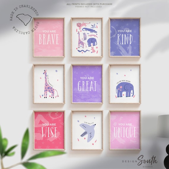 Pink and purple bedroom art, little girl room wall prints, playroom pink and purple ideas, girl inspiring art, pink animal wall art prints