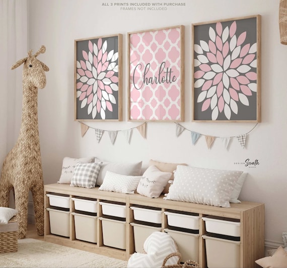 Girl nursery art pink and gray personalized, baby shower gift for girl, pink gray girls wall art, girls room inspiration, ideas for nursery