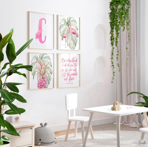 Be who God created you to be and you will set the world on fire St. Catherine of Siena quote art print, flamingo pineapple, tropical nursery