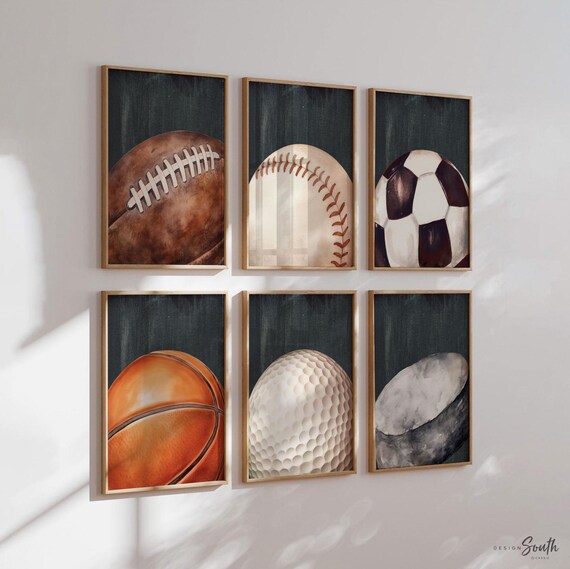 Rustic Sports Wall Art: Distressed Baseball, Football, Basketball Prints - Set of 6