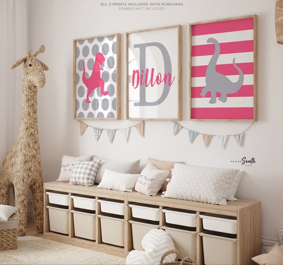 Girls pink dinosaur room, pink gray girls dinosaur nursery art, girl dinosaur decor, girl dinosaur wall art, girls bedroom, girls dinosaurs