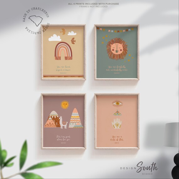 Boho colored christian kids art prints, boho animal nursery wall art, children bible neutral room decor, baby nursery decor boho bible verse