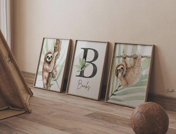 Sloth Nursery Art Print Set: Watercolor Monogram Decor