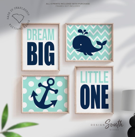 Whale nursery decor, boys nautical nursery decor, whale theme, boys whale theme, inspirational quote art for boys wall, dream big little one