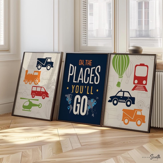 Transportation Nursery Art Prints, Navy Blue Orange Vehicles, Boys Explorer Room Decor