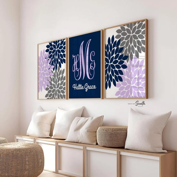 Personalized Dahlia Nursery Art: Purple, Navy, and Gray Monogram