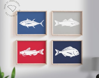 Fishing Nursery Art Prints: Navy, Red, Blue Fish Decor (Set of 4)