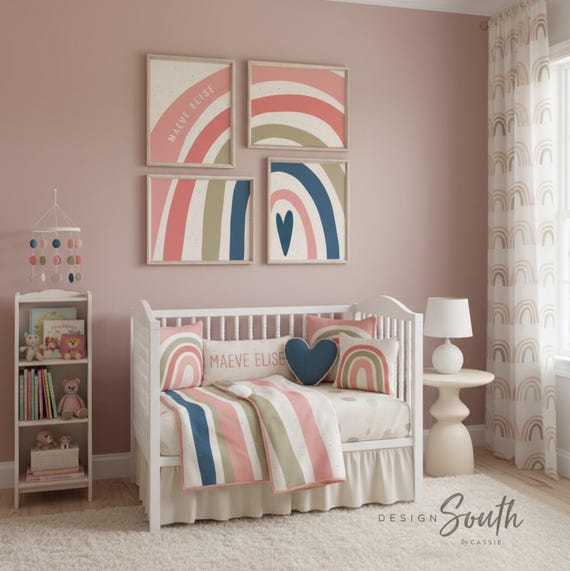 Coral Navy Rainbow Nursery Prints: Personalized Girl Name Art