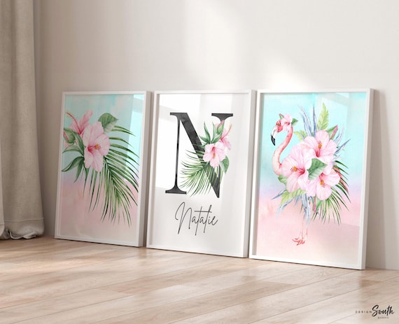 Tropical girl nursery, flamingo baby room decor, personalized monogram tropical flamingo, wall art set tropical newborn, baby shower gift