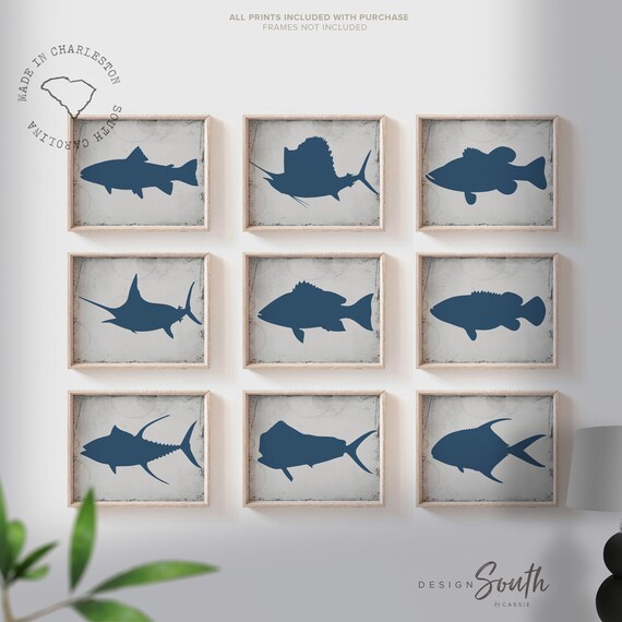 Navy Gray Boys Fishing Wall Art, Boys Bedroom Navy Gray Fish, Boy