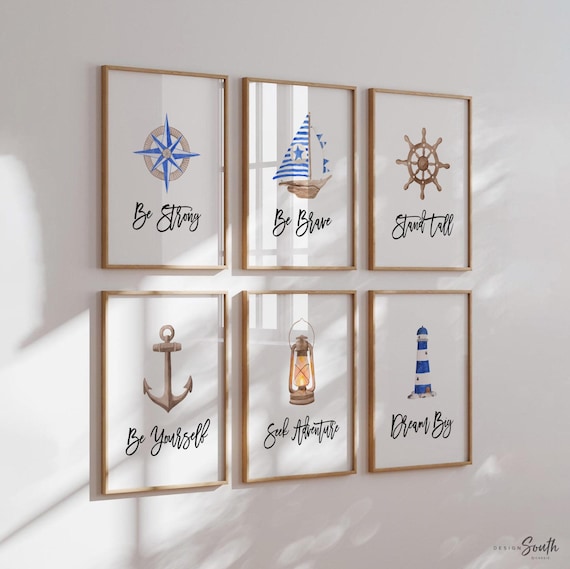 Nautical boys room art, anchor ship wheel sailboat collection nautical wall prints, nautical nursery art, ocean theme wall art, sea baby art