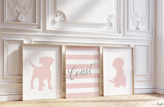 Baby girl wall art, pink puppy dog art, puppy nursery gift, dog nursery art, puppy nursery or bedroom wall art prints, pink gray dog nursery