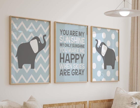 Elephant nursery you are my sunshine baby blue, baby boy nursery, boys nursery baby blue and gray, boys elephant nursery, baby elephant art