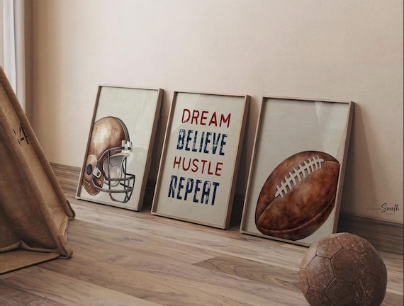 Football Nursery Wall Art Set of 3, Vintage Football Helmet Prints, Dream Believe Hustle Repeat, Boys Sports Bedroom Decor, Football Gift