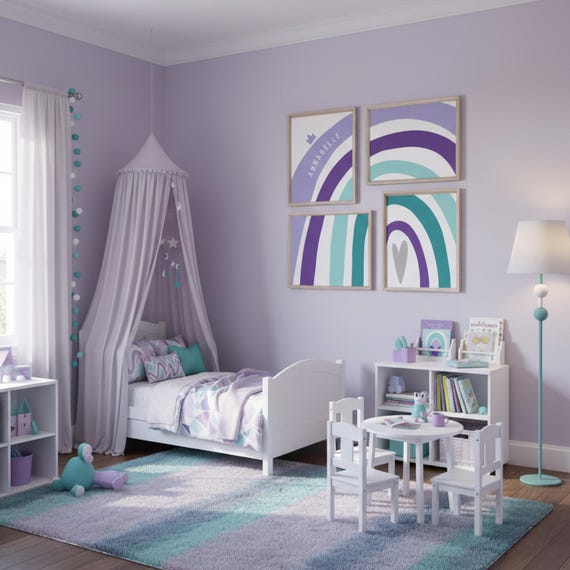 Monogram Rainbow Nursery Art: Teal, Gray & Purple Prints