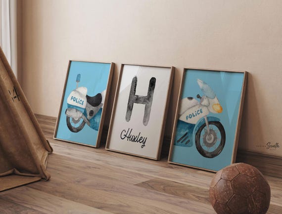 Personalized Police Motorcycle Nursery Prints – Set of 3 Boys Room Decor