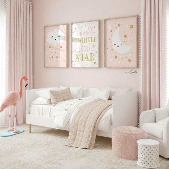 Peach & Gold Star Nursery Art Prints: Baby Girl Room Decor