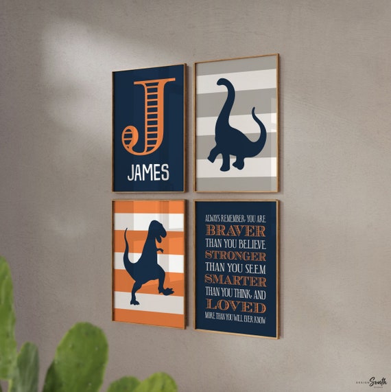 Dinosaur nursery, boys dinosaur prints, navy blue orange, inspirational quote dinosaur decor, boys dinosaurs wall art prints, dinosaur gift