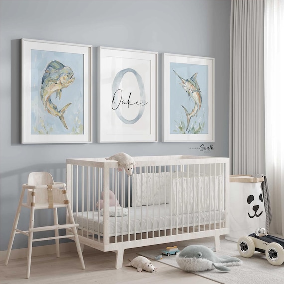 Personalized Boys Fishing Nursery Art Set, Marlin & Mahi Mahi Prints