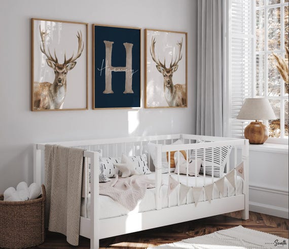Personalized Deer Nursery Art: Watercolor Buck Prints, Rustic Boy Decor (Set of 3)