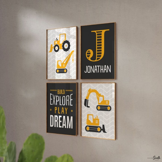 Build explore play dream, big boy bedroom construction, digger prints, digger wall art, boys construction theme bedroom, boys bedroom decor