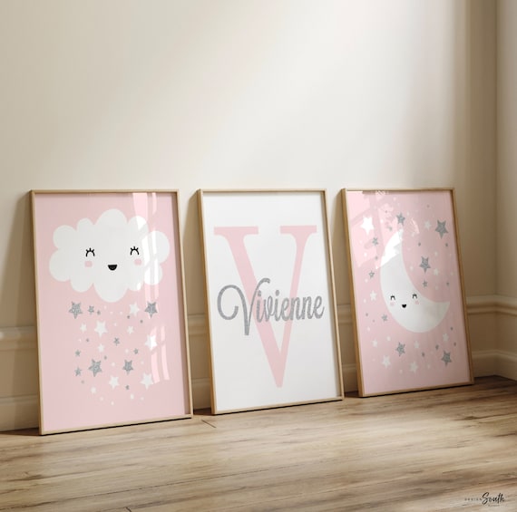 Pink and silver girls nursery decor, nursery pink silver customized monogram, pink gray cloud moon stars, baby girl nursery silver sparkles