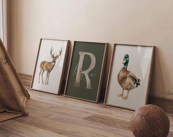 Personalized Hunting Nursery Wall Art, Buck Deer & Mallard Duck Set of 3, Custom Boy Name Print, Woodland Baby Shower Gift