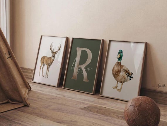 Personalized Hunting Nursery Wall Art, Buck Deer & Mallard Duck Set of 3, Custom Boy Name Print, Woodland Baby Shower Gift