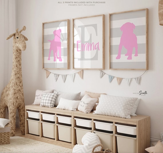 Pitbull nursery, pitbull puppy dog nursery art, baby girl dogs pink and gray wall art set, pink puppy art for girls, puppy art nursery decor