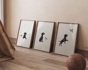 Black Lab Nursery Wall Art Set of 3, Retriever Puppy Duck Hunting Prints, Bird Dog Bedroom Decor for Baby Kids Playroom Gift Black Labradors