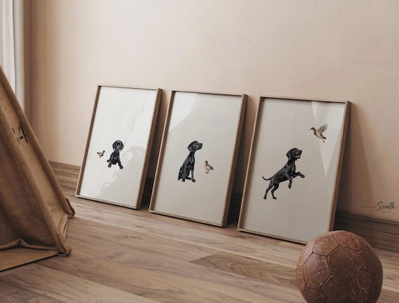 Black Lab Nursery Wall Art Set of 3, Retriever Puppy Duck Hunting Prints, Bird Dog Bedroom Decor for Baby Kids Playroom Gift Black Labradors