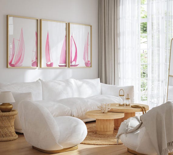 Pink Sailboat Watercolor Print Set: Coastal Nursery Bathroom Art