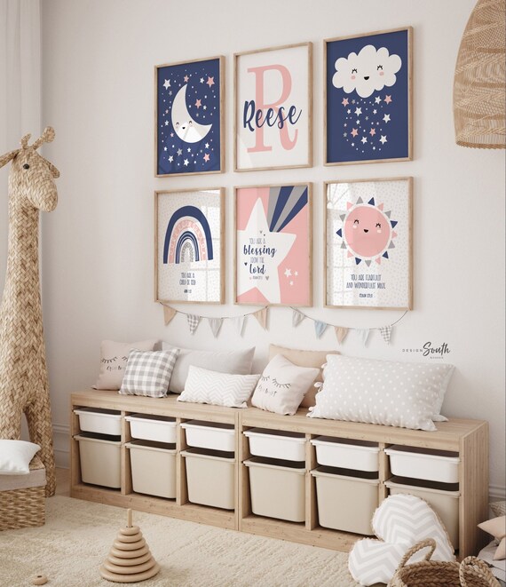 Girls religious nursery, pink navy nursery christian, moon and stars bible verse nursery, scriptures girl room wall decor, Psalm scriptures