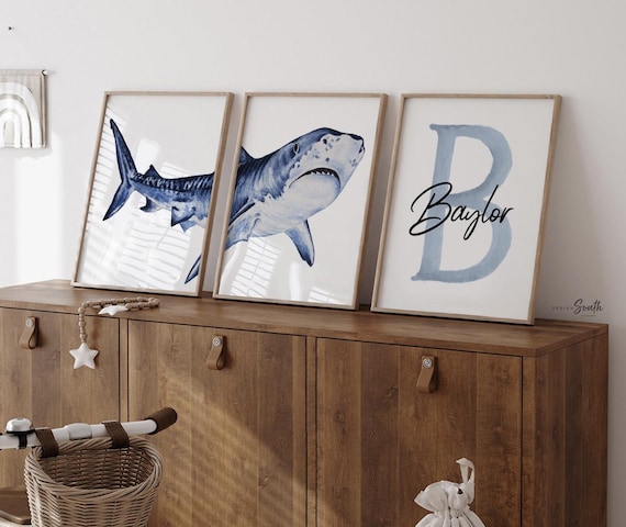 Personalized Shark Nursery Prints: Watercolor Ocean Art Set