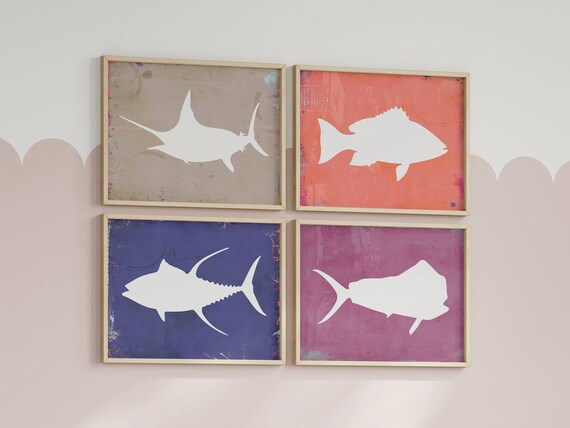 Coral and blue fish bedroom wall art, saltwater fish decor, room fishing theme, fish prints, fisherman art prints, fish nursery, fish decor