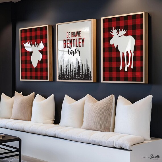 Buffalo Plaid Moose Nursery Decor: Personalized Lumberjack Boy Room Prints