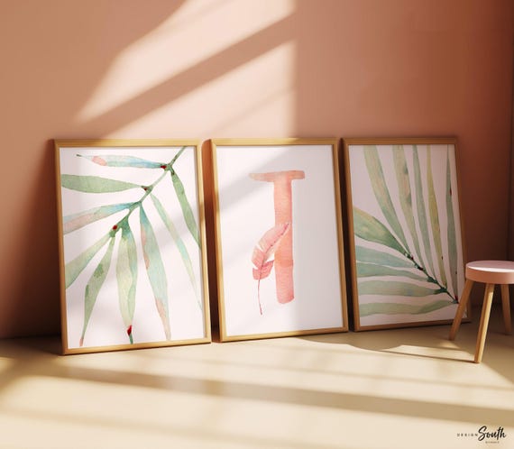Light pink and green tropical baby, blush peach tropical nursery, beach plants pink initial baby art, newborn nature themed nursery prints