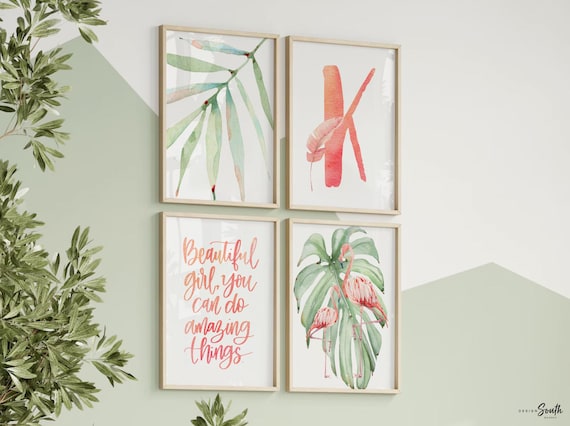 Tropical palm leaf baby pink green girls nursery art, girl pink flamingo art, baby girl name and quote, girl baby flamingo wall art tropical