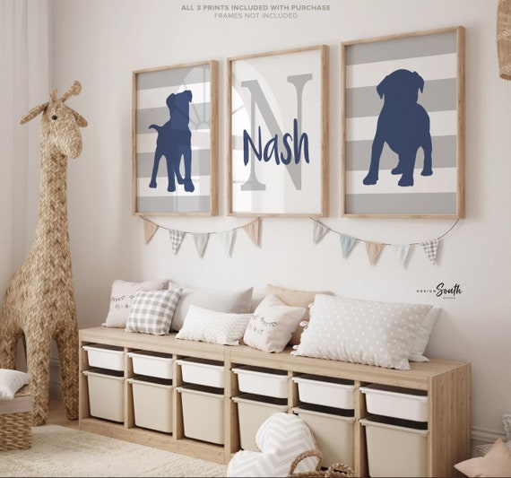 Pitbull nursery, pitbull puppy dog nursery art, baby boy dogs navy blue and gray wall art set, blue puppy art for boys, puppy nursery decor