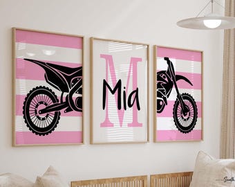 Personalized Pink Dirt Bike Girls Room Art Prints: Motocross Decor
