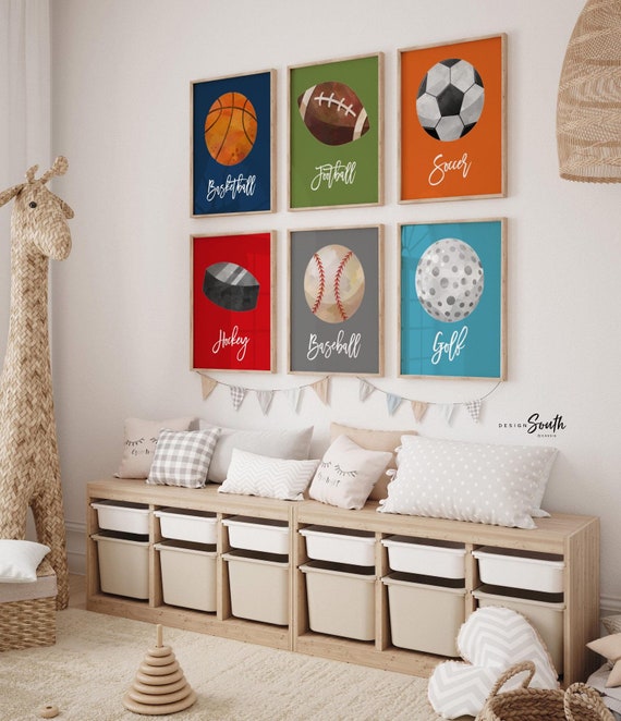 Sports orange blue red green gray navy colored wall art, sports kid art, wall art toddler room boy, sports gallery wall, set of 6 sports set