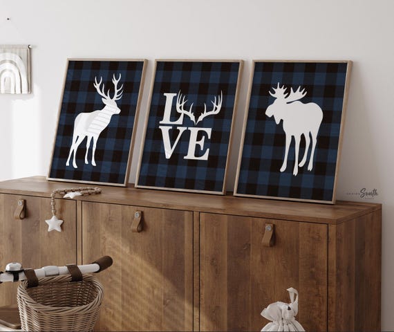 Blue lumberjack nursery decor, woodland baby boy above crib art set, deer and moose pictures, navy blue deer moose buffalo check plaid decor