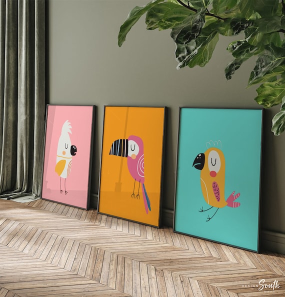 Tropical room art, jungle bird art, tropical vibe art prints, colorful bird art, jungle art, tropical bird prints set of 3, exotic bird room