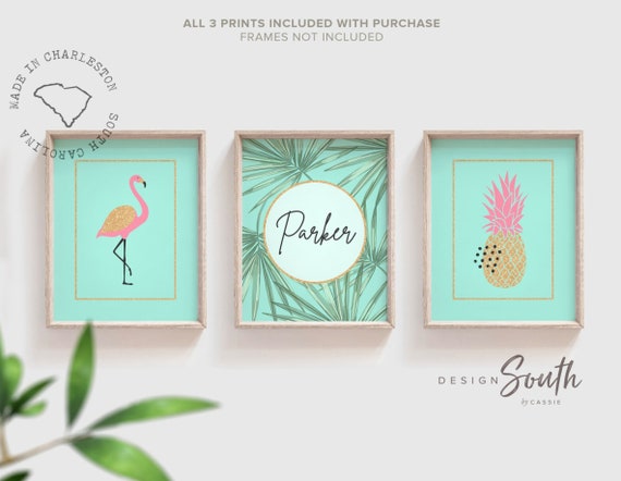 Teal pink and gold art, teal nursery prints, teal flamingo decor, pink teal and gold girls decor, pink aqua flamingo nursery personalized