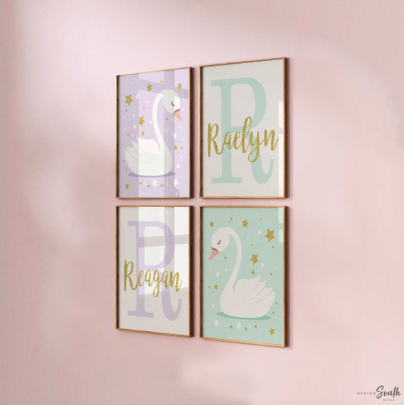 Lilac and mint sisters wall art, sisters personalized signs, lilac mint and gold, sister decor wall prints, playroom two girls, swan theme