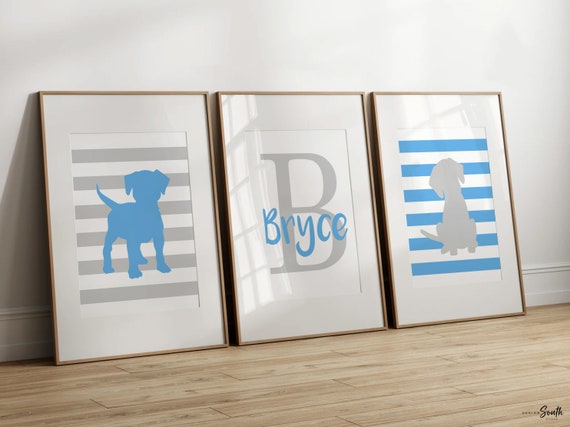 Baby blue & gray nursery, boy monogram, nursery decor, puppy dog decor, wall art boys, puppy decor, dog nursery theme, personalized nursery