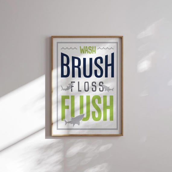 Shark bathroom decor, shark prints lime green navy blue, kid wash brush floss flush, boys bathroom, boys shark bathroom, prints art bathroom